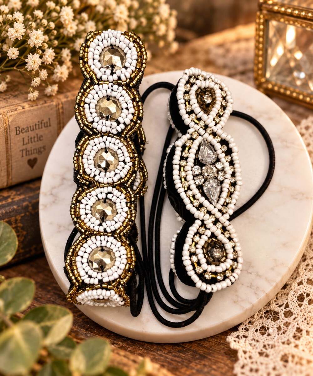 2 Women's Elastic Headbands with Gold, White Beading Rhinestones Festival Retro